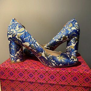 Tory Burch Elizabeth Metallic Gold and Blue Brocade 85MM